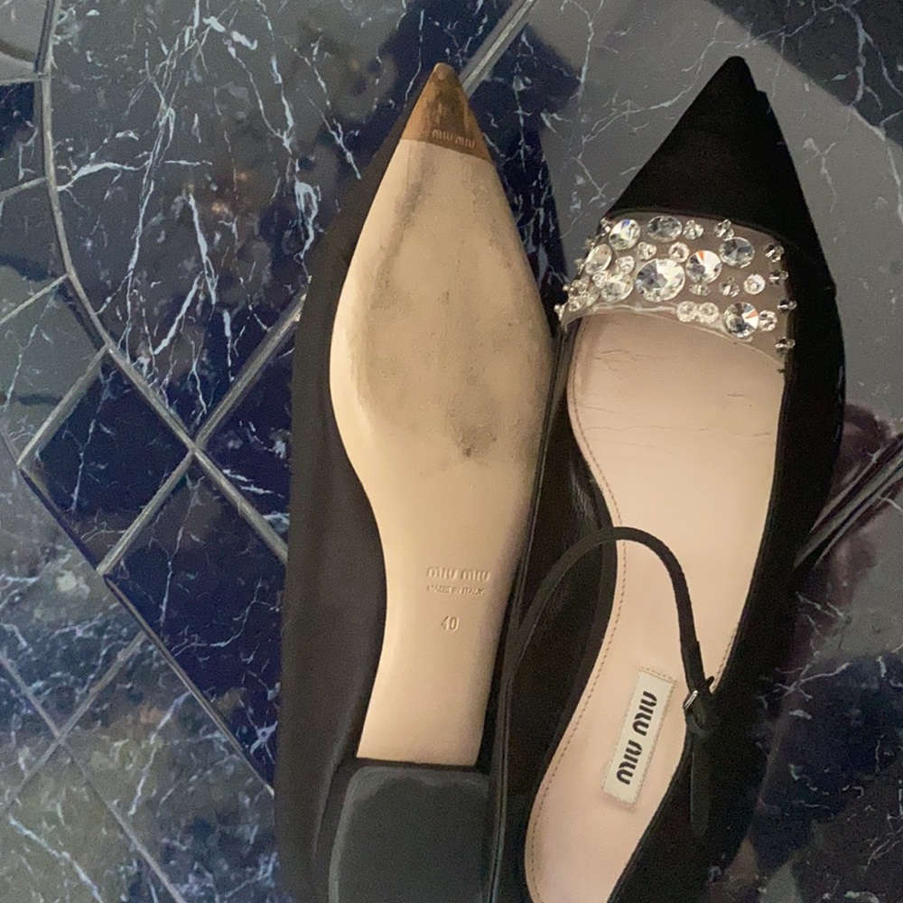 Miu Miu Black Satin Crystal Embellished Ankle Strap Pointed Toe Ballet Flats 40 - Picture 8 of 16